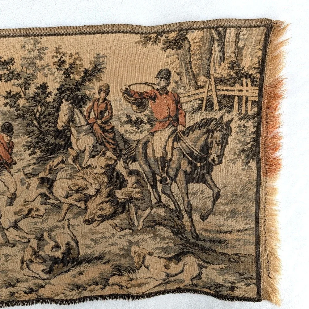 Belgian Vintage Fox Hunt Woven Tapestry Equestrian Wall Hanging 45x19
